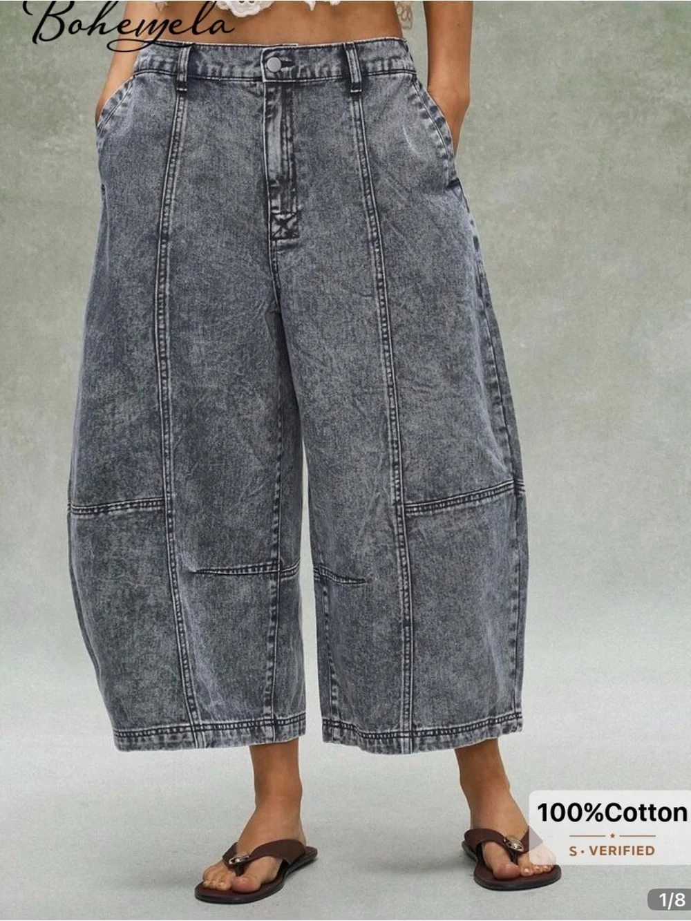 Bohemela Washed Wide-Leg Cropped Jeans - Gray
